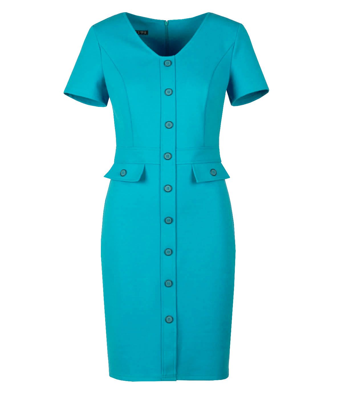 Short-sleeved V-neck dress with decorative front buttoning and concealed zipper on the back 0